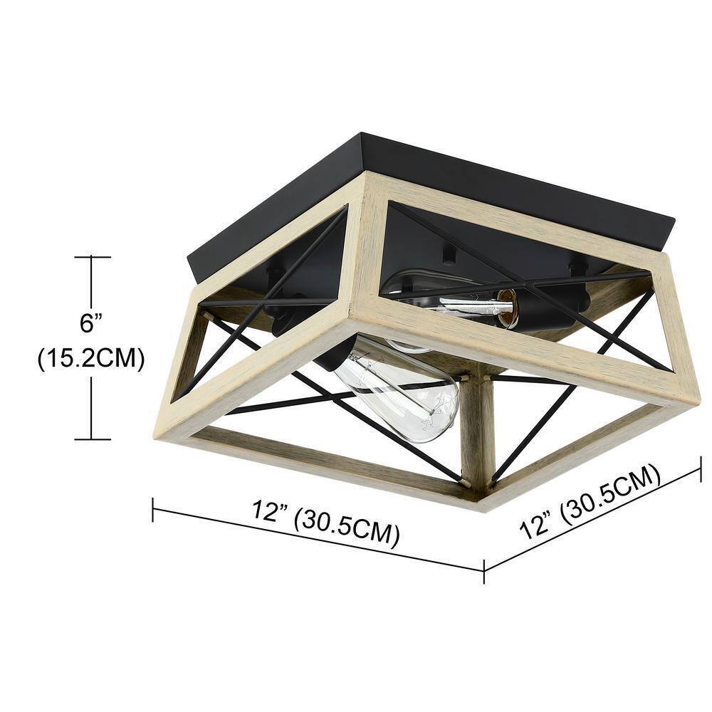 Pia Ricco 12 in. 2-Light Matte Black and Ocean View Oak Flush Mount