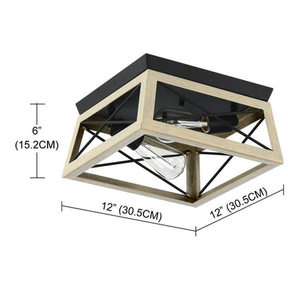 Pia Ricco 12 in. 2-Light Matte Black and Ocean View Oak Flush Mount