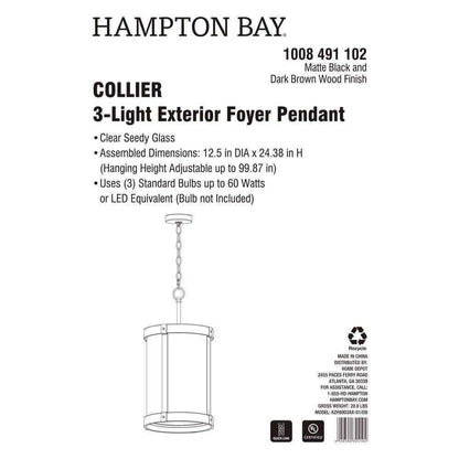 Hampton Bay Collier 3-Light Matte Black and Darker Brown Outdoor Pendant Light