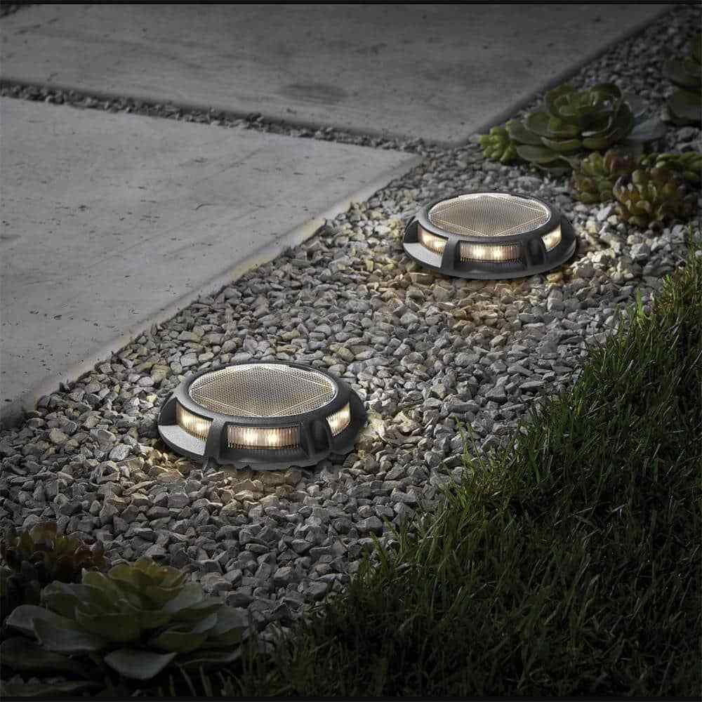 Hampton Bay Solar 15 Lumens Matte Black Integrated LED Disk Path Light 4-Pack