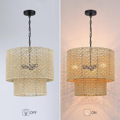 TRUE FINE Bohe 19 in. 4-Light Bohemian Pendant with Natural Rattan Shade