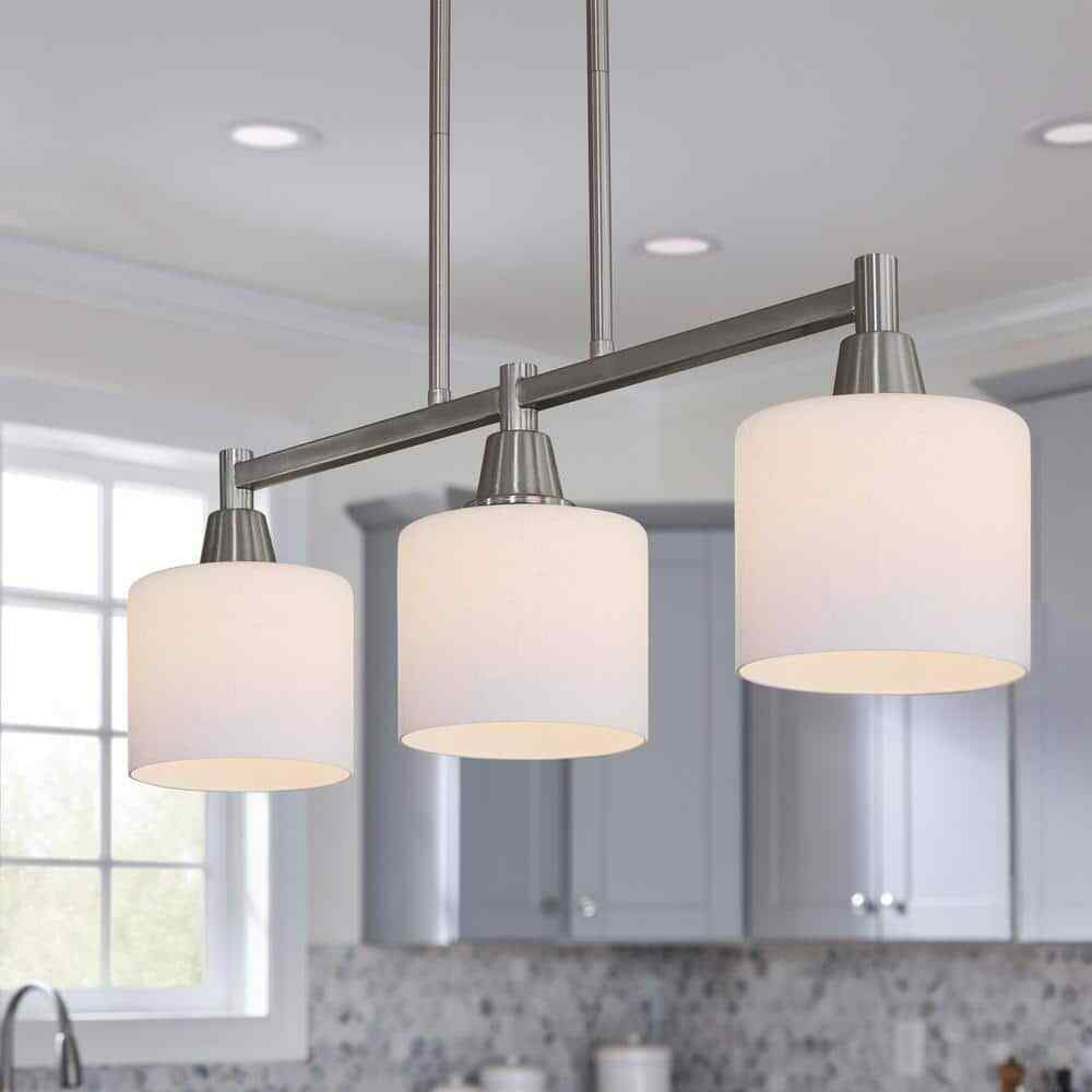 Hampton Bay Oron 3-Light Brushed Steel Island Light with White Glass Shades