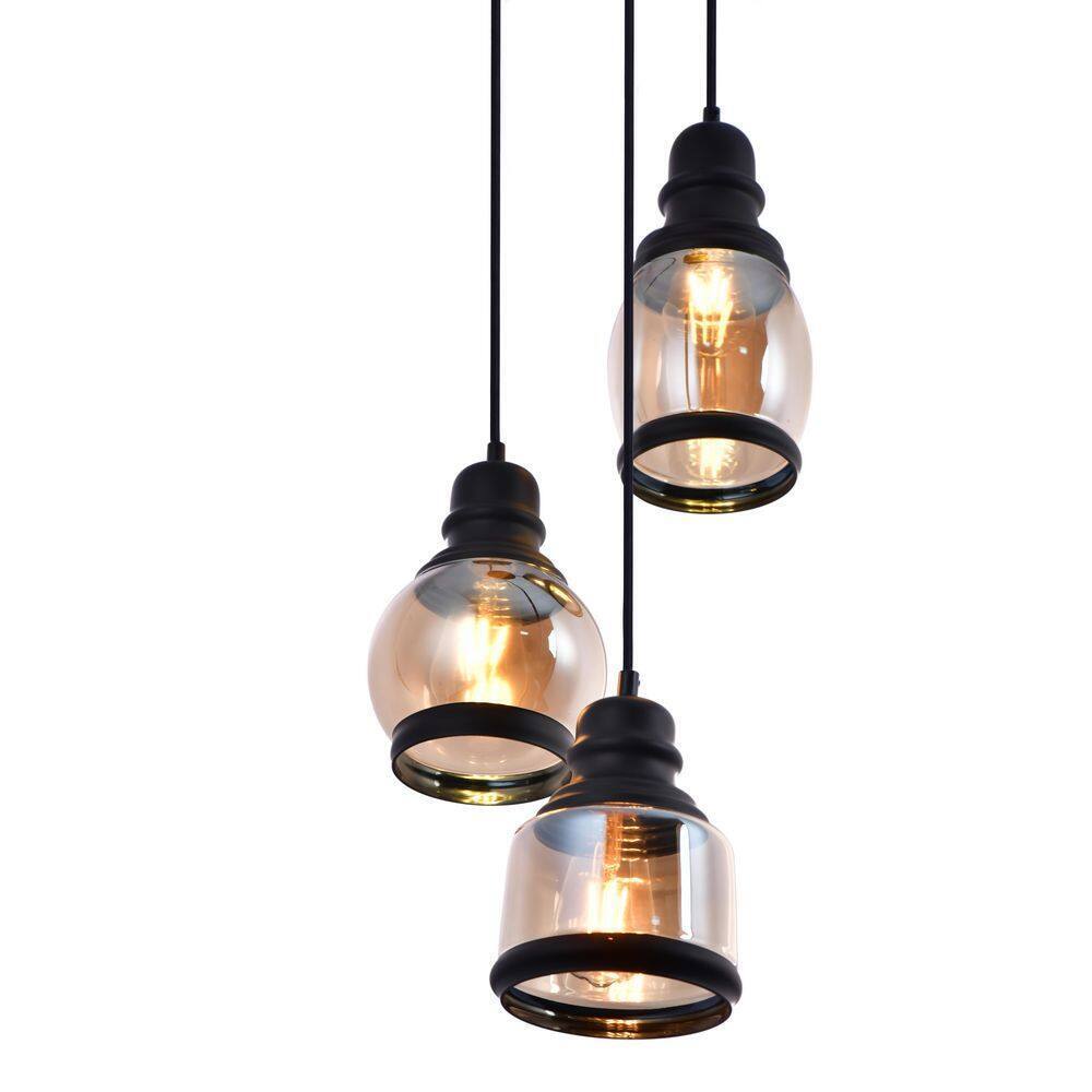 LAZZUR Vaige 13 in. 3-Light Matte Black Pendant with Amber Glass Shade