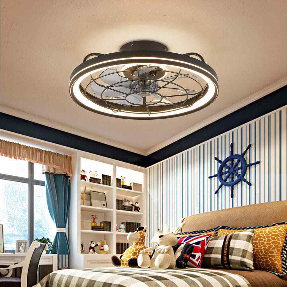 FANNEHONNE 19 in. Indoor Black Low Profile Ceiling Fan w/ Integrated LED Light