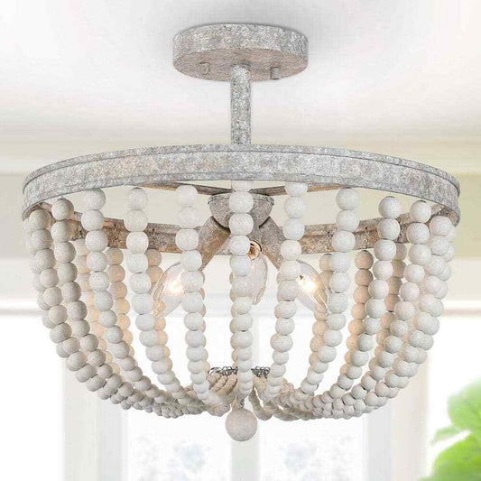 LNC 16 in. Modern Farmhouse Antique White Wood Beaded Semi-Flush Mount 3-Light
