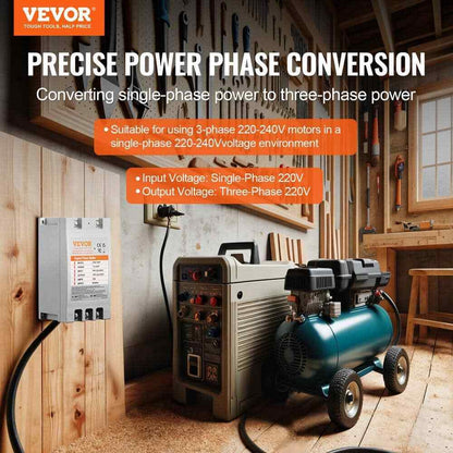 VEVOR 3 Phase Converter 10HP 30 Amp 220-Volt 1 Phase to 3 Phase Shifter