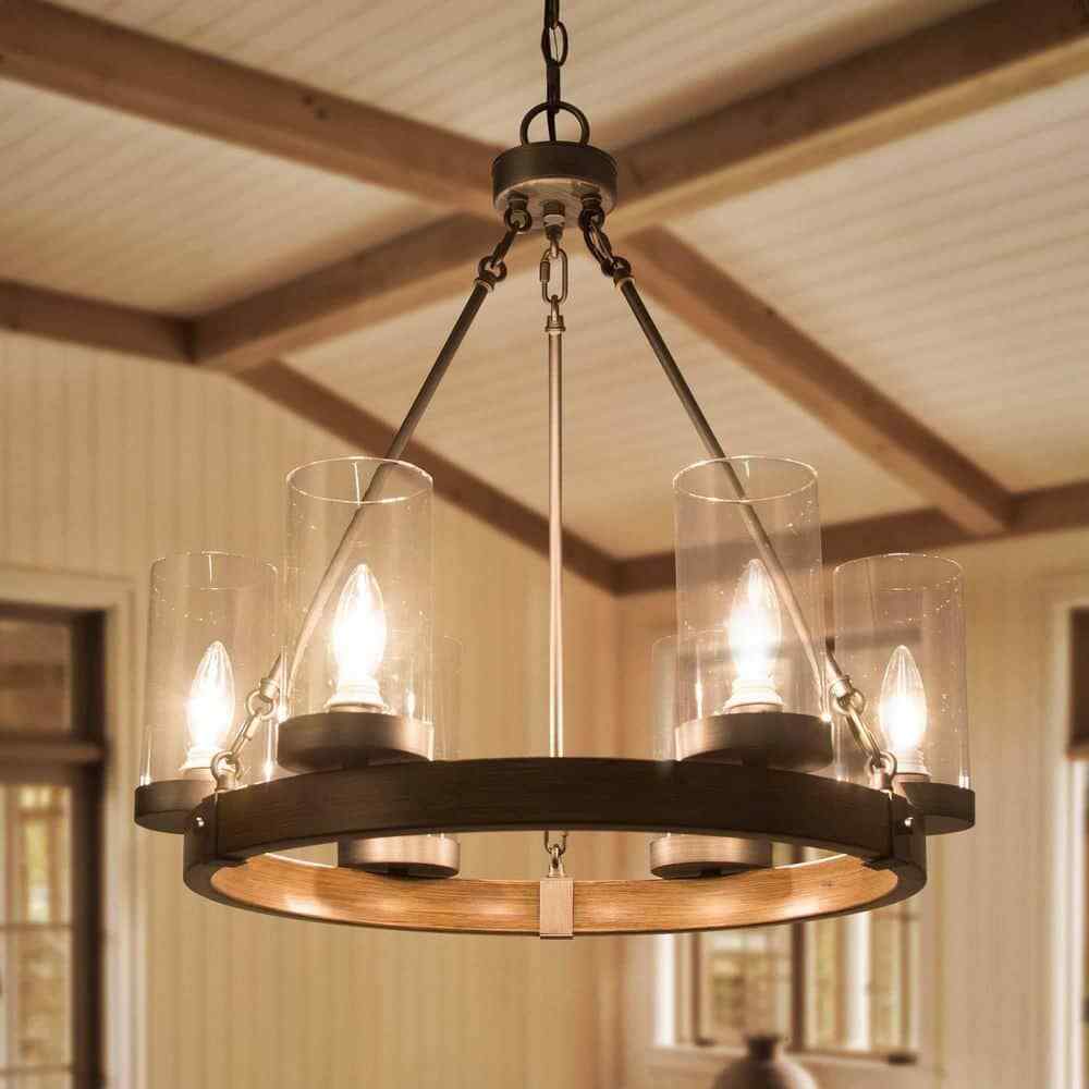 LNC Textured Brown Round Chandelier 6-Light Brushed Silver Wagon Wheel