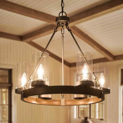 LNC Textured Brown Round Chandelier 6-Light Brushed Silver Wagon Wheel