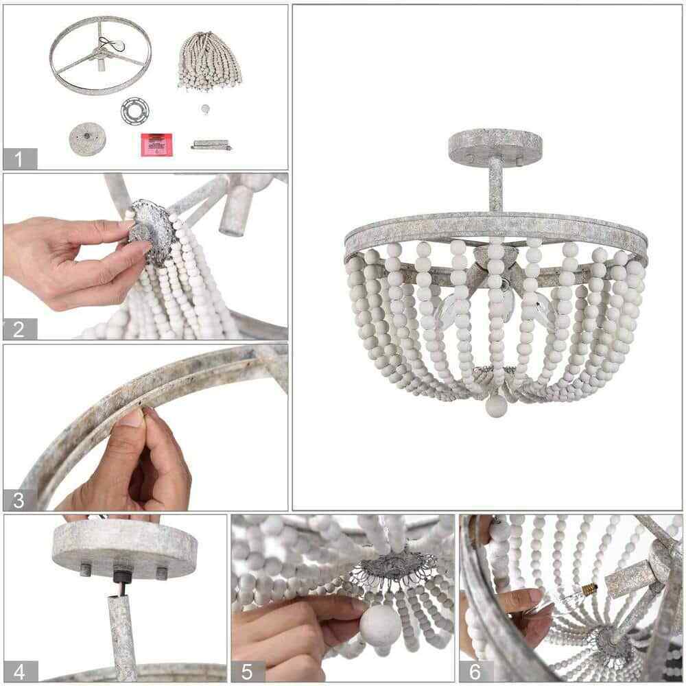 LNC 16 in. Modern Farmhouse Antique White Wood Beaded Semi-Flush Mount 3-Light