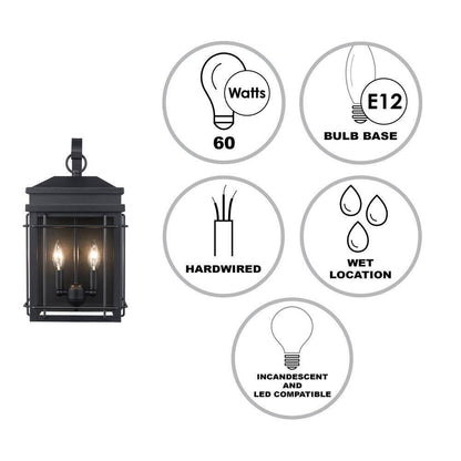 Monteaux Lighting Bel Air 17 in. 2-Light Black Outdoor Wall Light Fixture