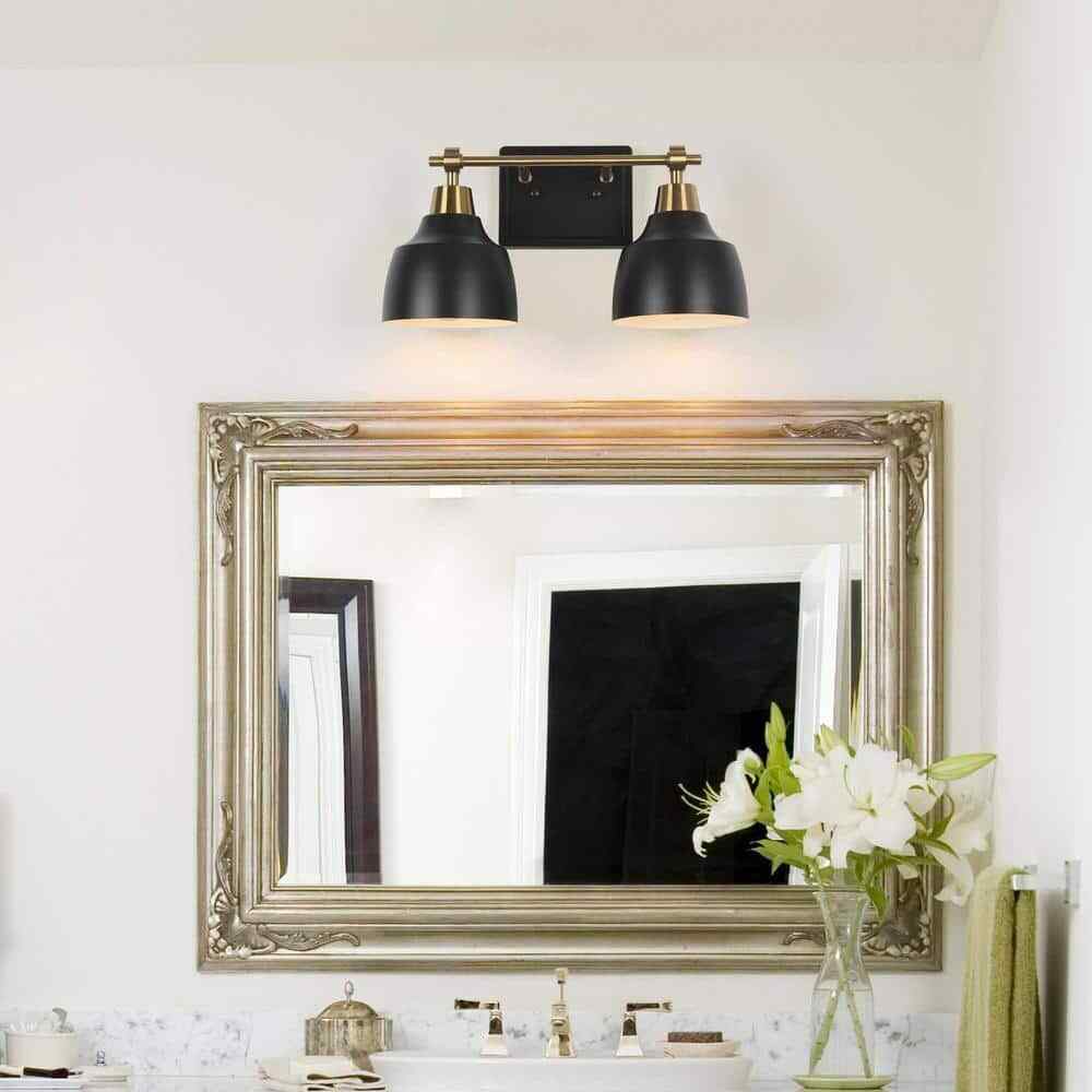 LNC Modern 14.5 in. 2-Light Black Vanity w/ Brass Plated Metal Arm + Bell Shades