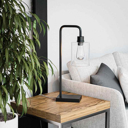 Hampton Bay Andra 22.5 in. Black Desk Lamp with Seeded Glass Shade and USB Port