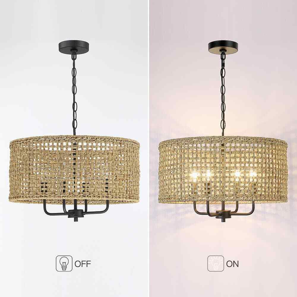 TRUE FINE Cape 20 in. 4-Light Bohemian Drum Chandelier w/ Lime Hand Woven Shade