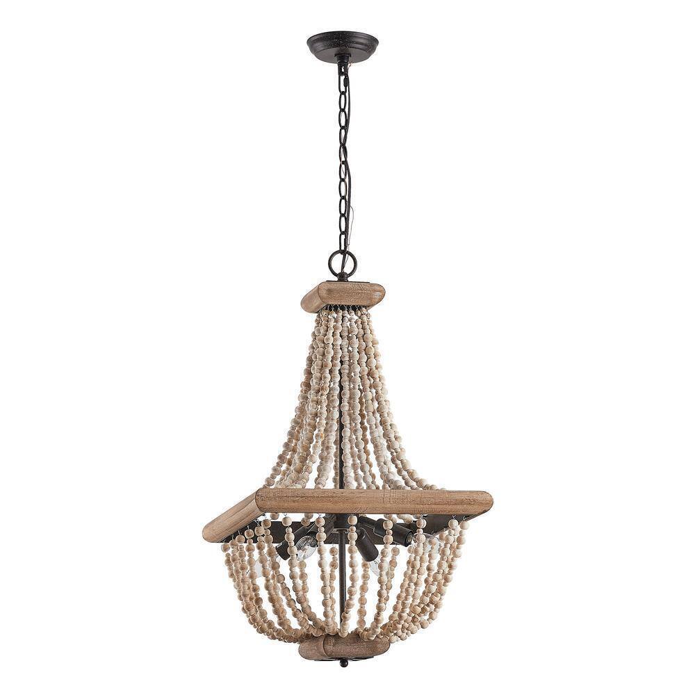Parrot Uncle Regas 4-Light Farmhouse Weathered Wood Bead Candle Style Chandelier