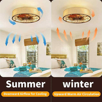 TOZING Indoor Bronze Fabric Farmhouse Flush Ceiling Fan w/ Light Kit and Remote