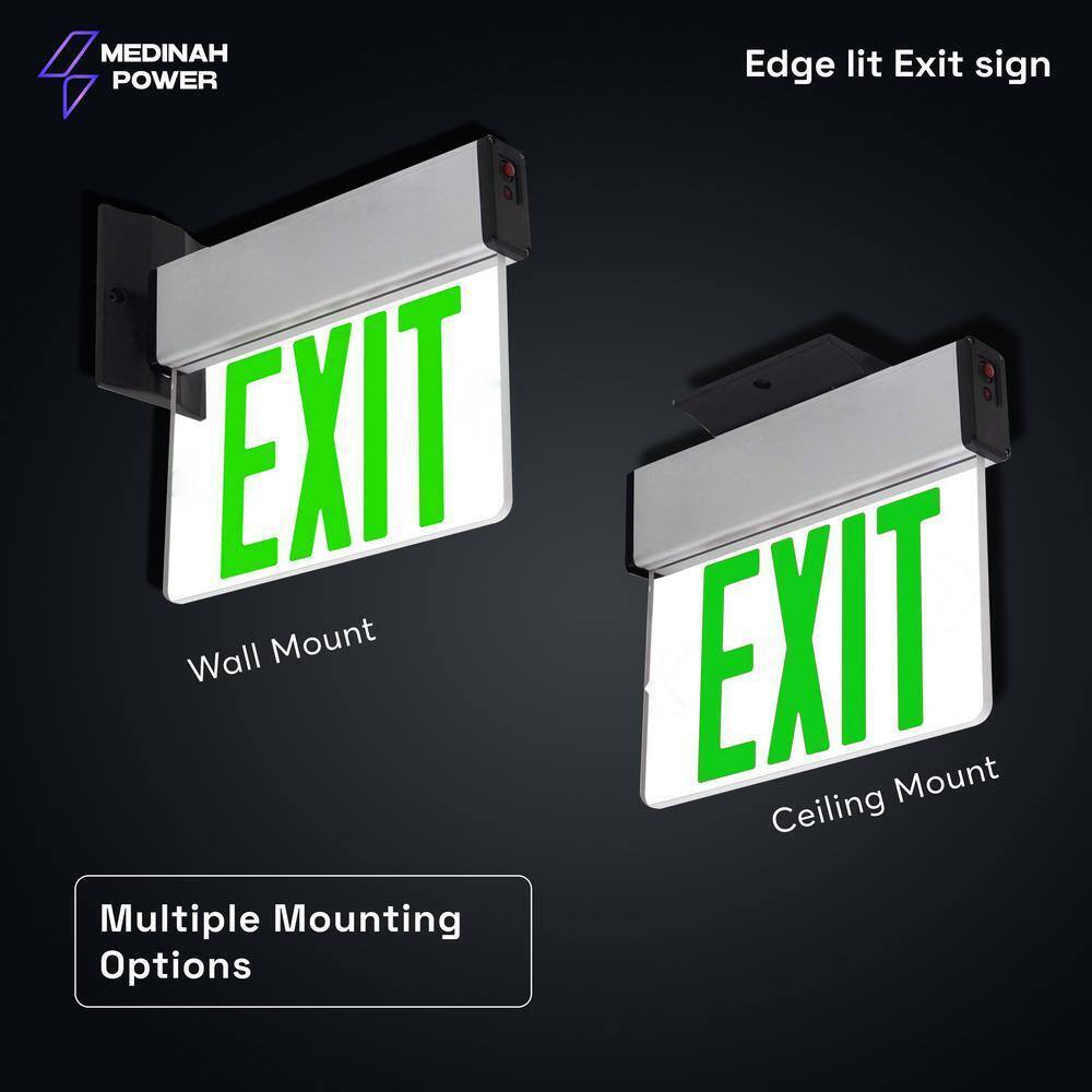 MEDINAH POWER LED Emergency Edge-Lit Exit Sign, Damp Rated GREEN Letters
