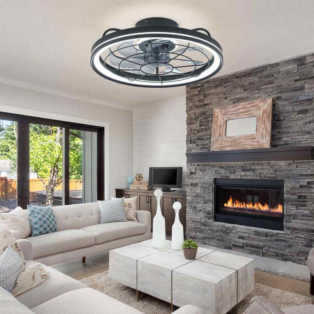 FANNEHONNE 19 in. Indoor Black Low Profile Ceiling Fan w/ Integrated LED Light