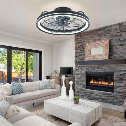 FANNEHONNE 19 in. Indoor Black Low Profile Ceiling Fan w/ Integrated LED Light