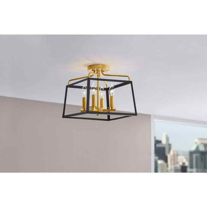 Hampton Bay Parley 12 in. 4-Light Matte Black and Gold Cage Semi- Flush Mount