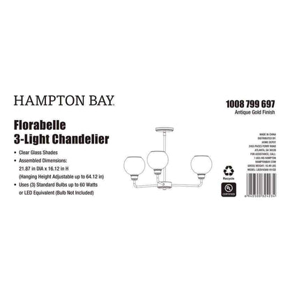 Hampton Bay Florabelle 3-Light Chandelier Antique Gold Clear Globe Glass Shades