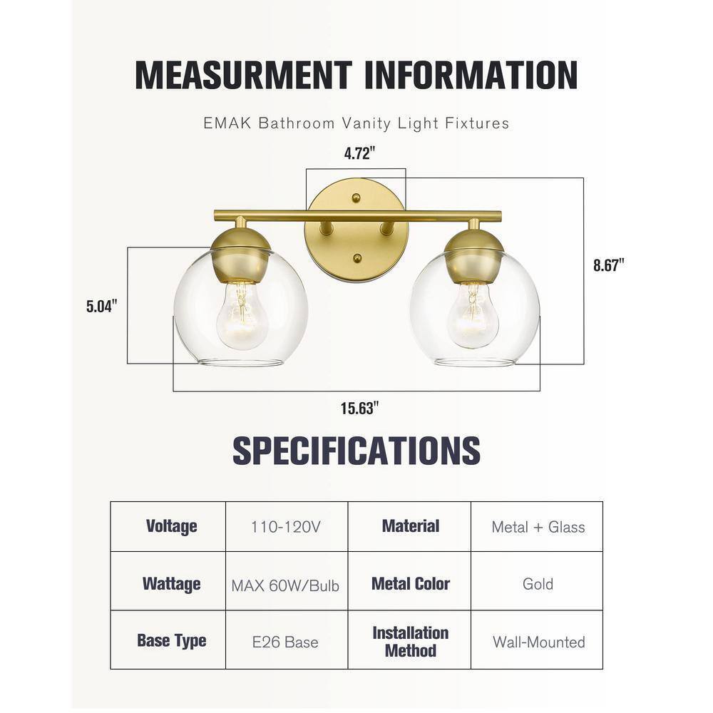 JAZAVA 15 in. 2-Light Gold Bathroom Over Mirror Vanity Light