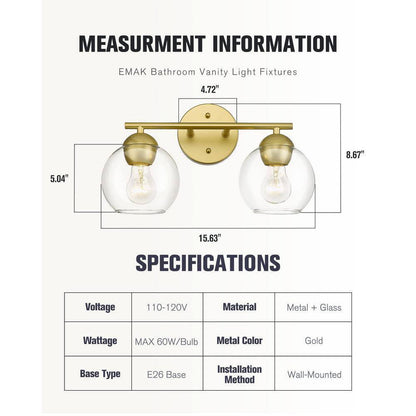 JAZAVA 15 in. 2-Light Gold Bathroom Over Mirror Vanity Light