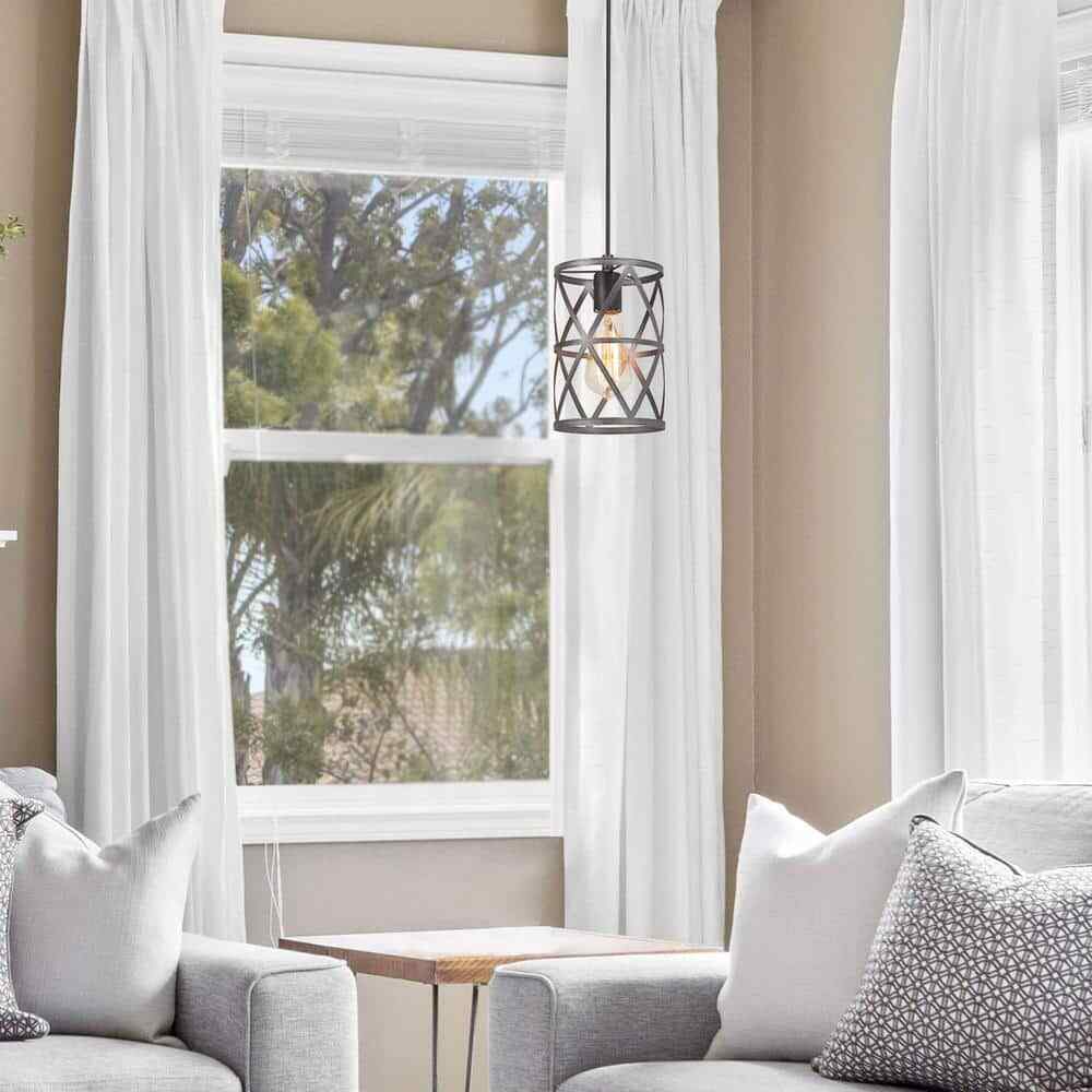 LNC Modern Industrial Brushed Grey Drum Pendant Light with Open Cage Shade