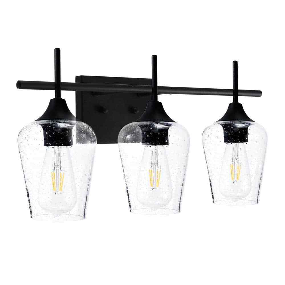 Merra 3-Light Black Bathroom Vanity Light with Seeded Glass Shades