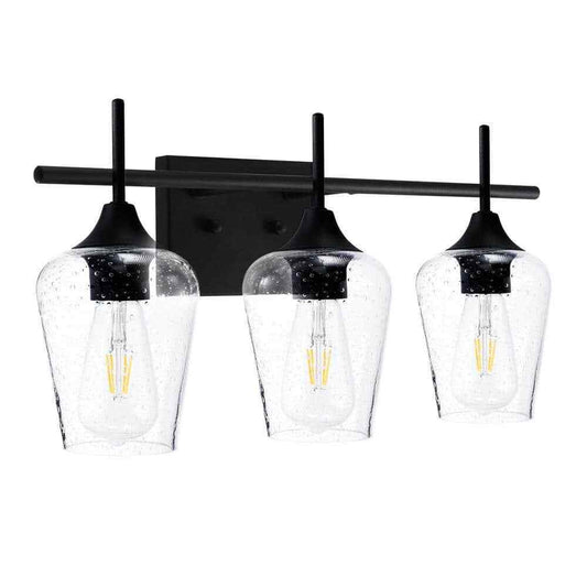 Merra 3-Light Black Bathroom Vanity Light with Seeded Glass Shades