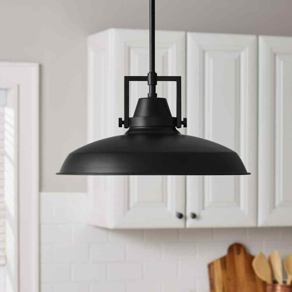 Hampton Bay Wilhelm 16 in. 1-Light Black Industrial Hanging Kitchen Pendant