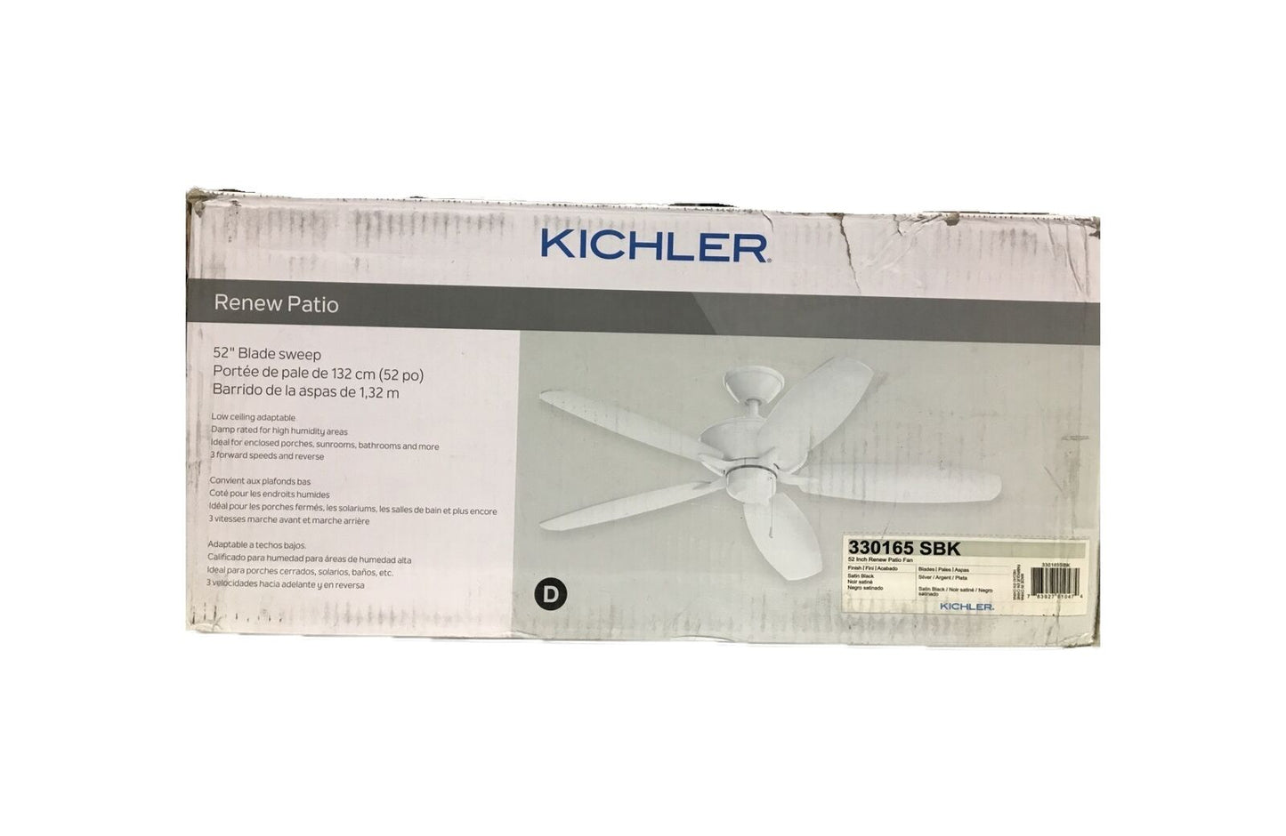 KICHLER Renew Patio 52 in. Satin Black Dual Mount Ceiling Fan w/ Pull Chain