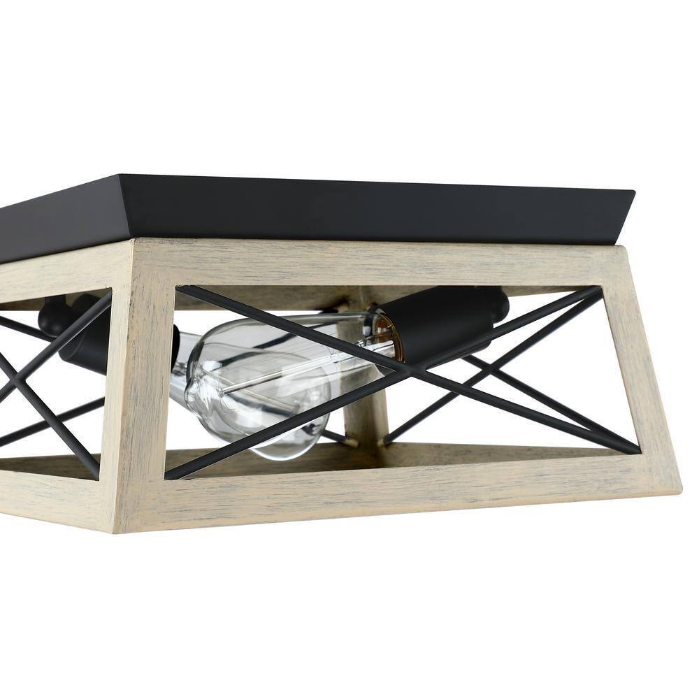 Pia Ricco 12 in. 2-Light Matte Black and Ocean View Oak Flush Mount