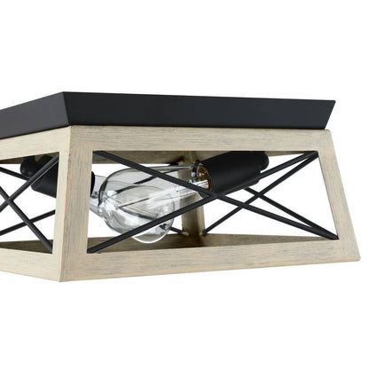 Pia Ricco 12 in. 2-Light Matte Black and Ocean View Oak Flush Mount
