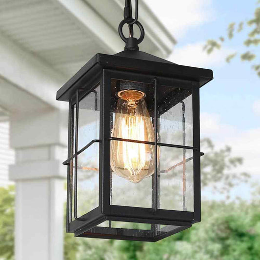 LNC Black Outdoor Hanging Lantern w/ Seeded Glass Shade for Covered Patio