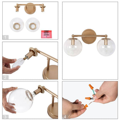 Uolfin Modern Globe Bathroom 2-Light Brass Gold Round Wall Sconce Light