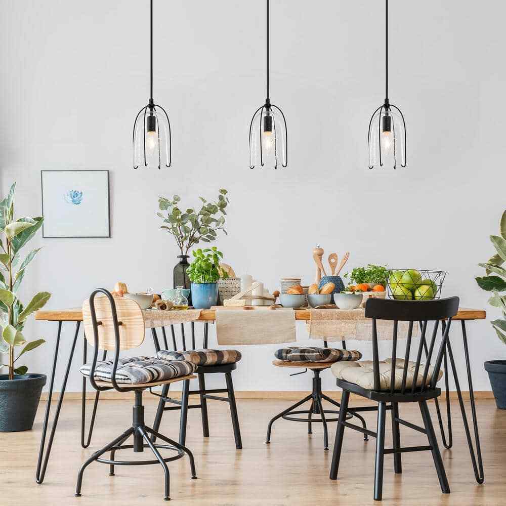 Uolfin Modern Black Kitchen Island Hanging Light with Seeded Glass Shade