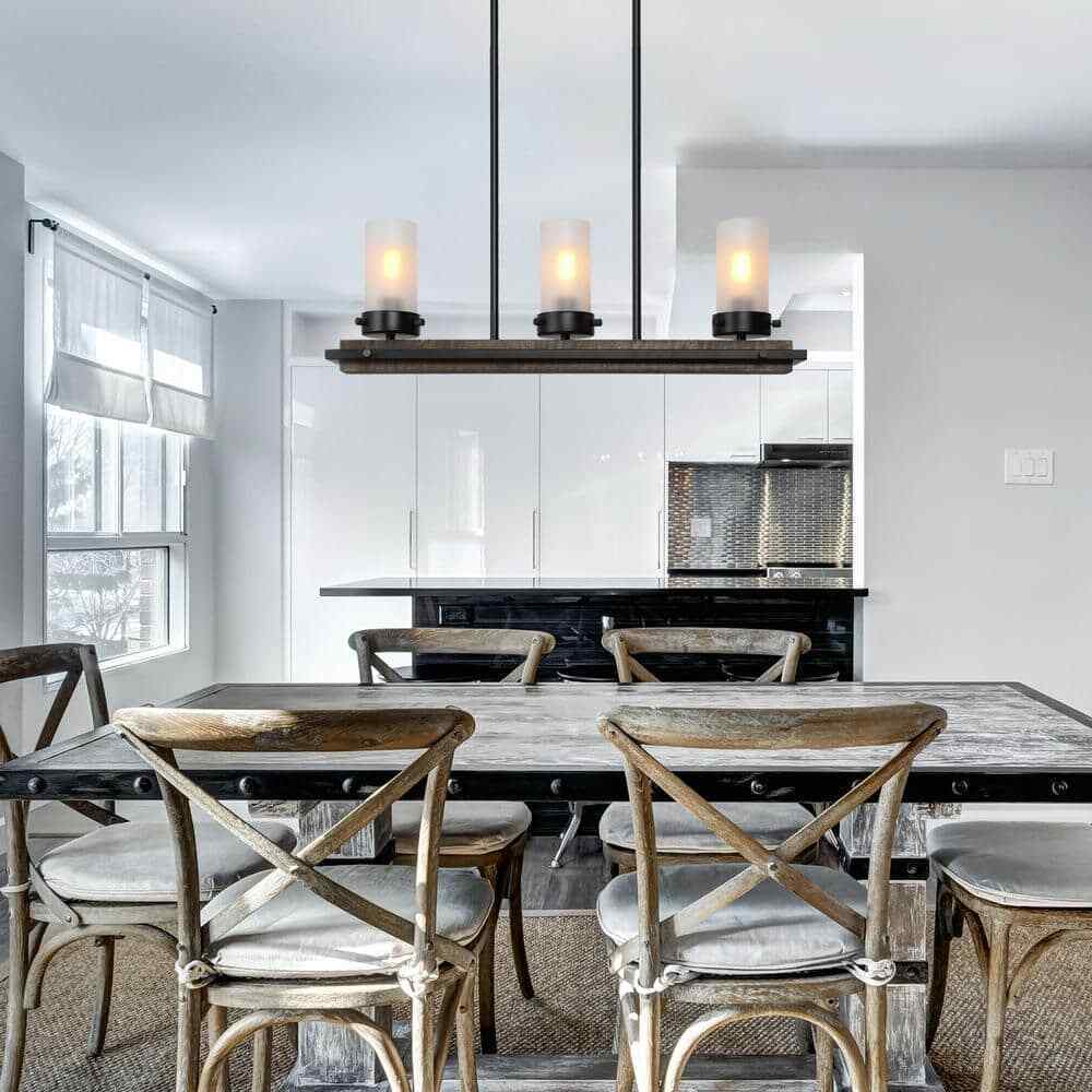 LNC 3-Light Black Island Wood Chandelier w/ Cylinder White Frosted Glass Shades