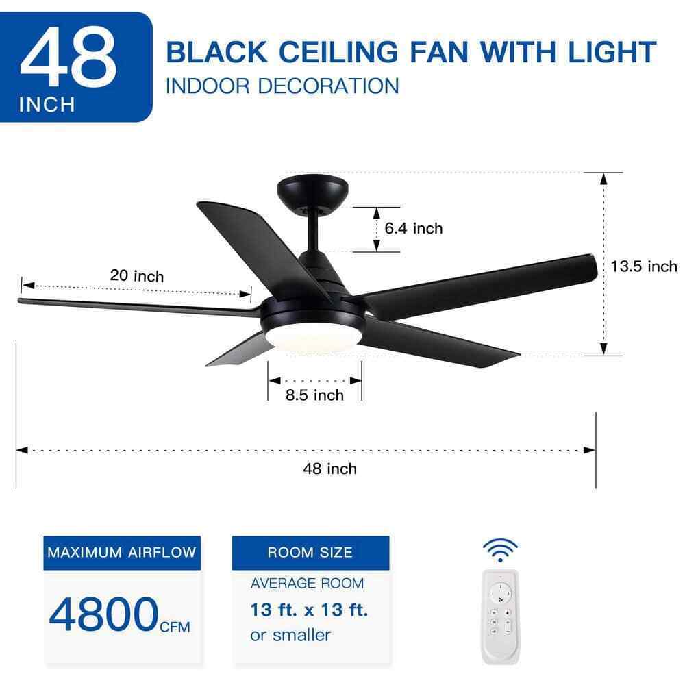 YUHAO 48 in. Dimmable Integrated LED Indoor Black Ceiling Fan w Light and Remote