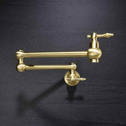 FLG Wall Mounted Pot Filler Double Handle Kitchen Sink Faucet Brushed Gold
