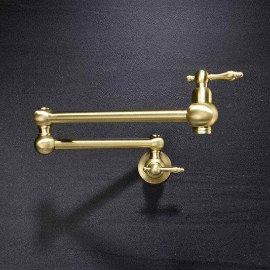 FLG Wall Mounted Pot Filler Double Handle Kitchen Sink Faucet Brushed Gold