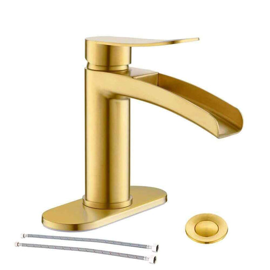 Phiestina Single Handle Waterfall Faucet for Bathroom Sink, Brushed Gold Finish