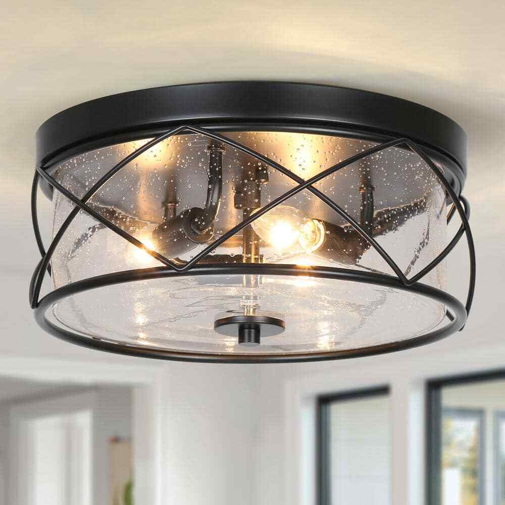 LNC Black Modern Farmhouse Flush Mount w/ Seeded Glass Shade Ceiling Light