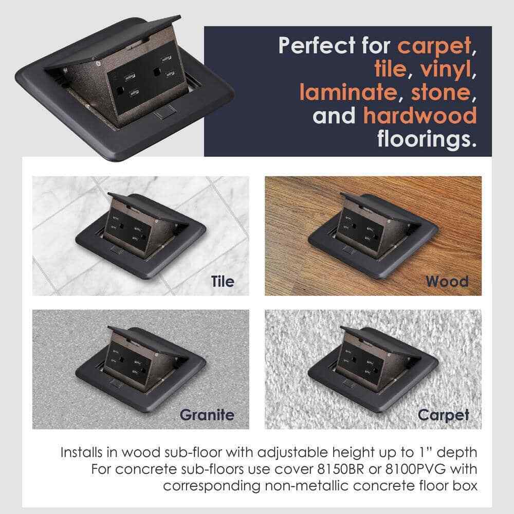 NEWHOUSE Pop-Up Floor Outlet Electrical Box  w/ 15A TR Duplex Receptacle Black
