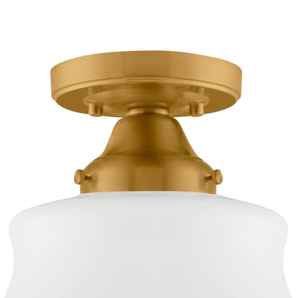 Home Decorators Schoolhouse 10 in. Aged Brass Semi Flush Mount Light Opal Glass