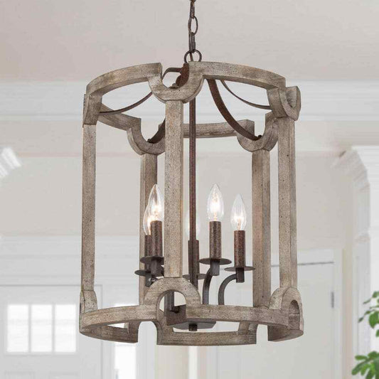 LNC Rustic Farmhouse 5-Light Bronze Weathered Real Wood Drum Chandelier