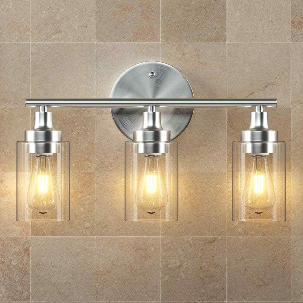 Merra 17 in. 3-Light Modern Brushed Nickel Vanity-Light with Clear Glass Shade