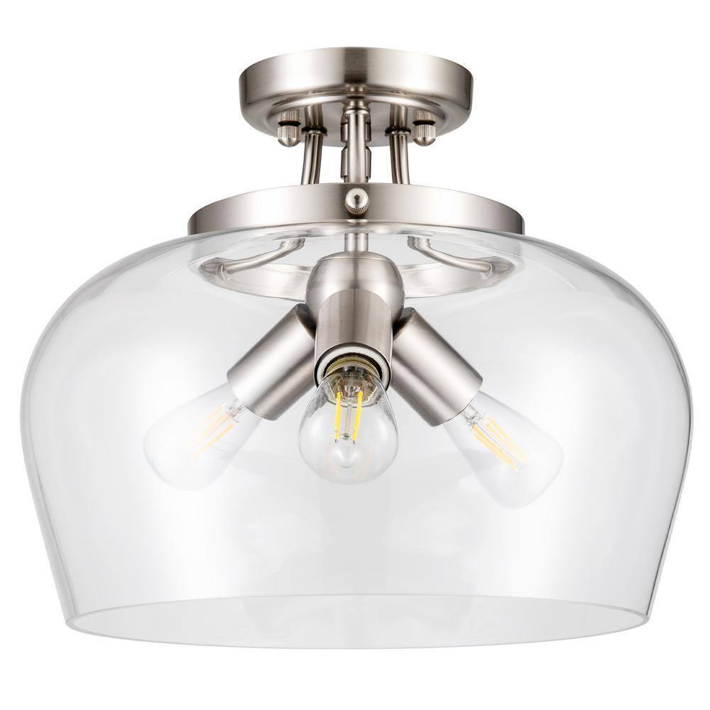 Merra 3-Light Blushed Nickel Semi Flush Mount Ceiling Light with Glass Shade