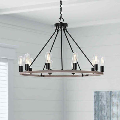 Hampton Bay Stratton 10-Light Black and Woodgrain Wagon Wheel Chandelier