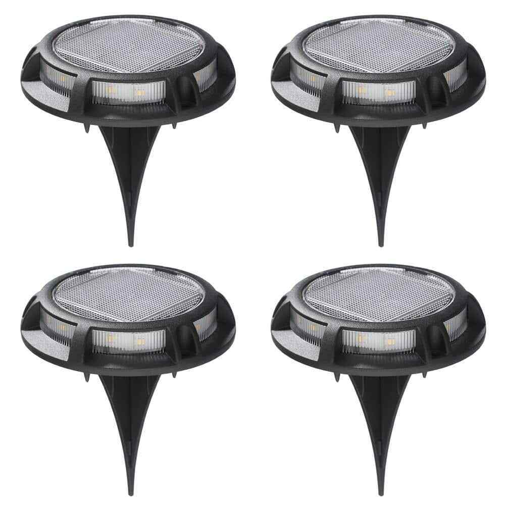 Hampton Bay Solar 15 Lumens Matte Black Integrated LED Disk Path Light 4-Pack