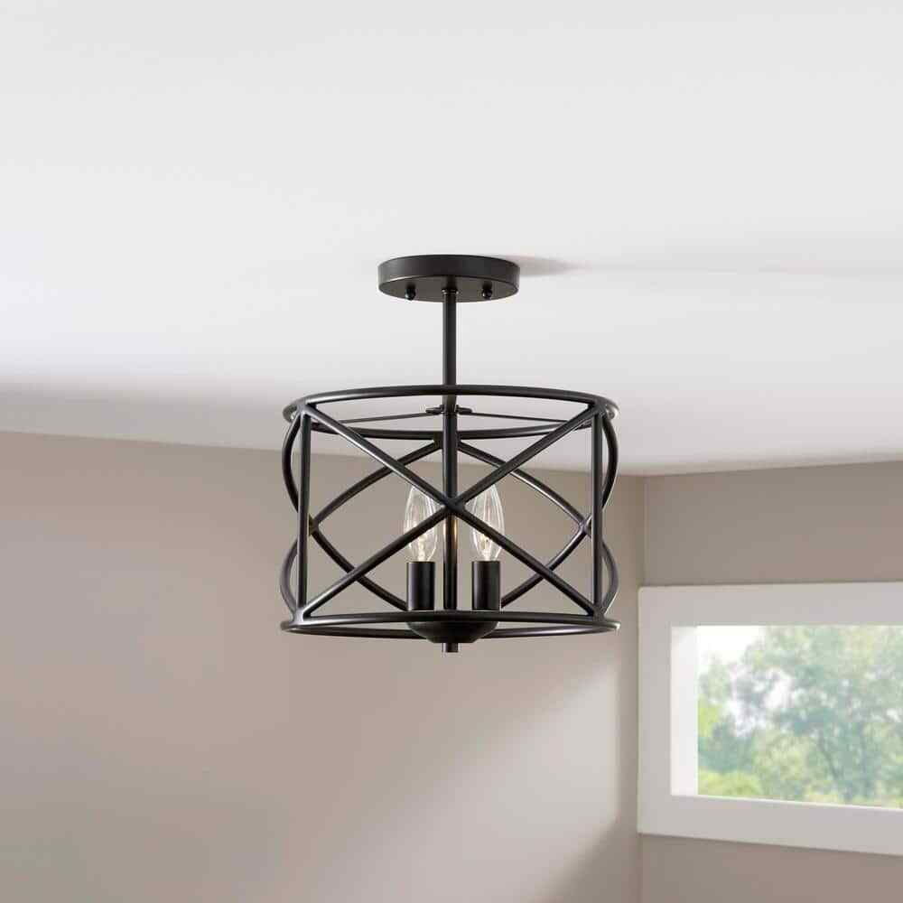 Hampton Bay Hastings 13.5 in. 2-Light Satin Bronze Drum Ceiling Semi Flush Light